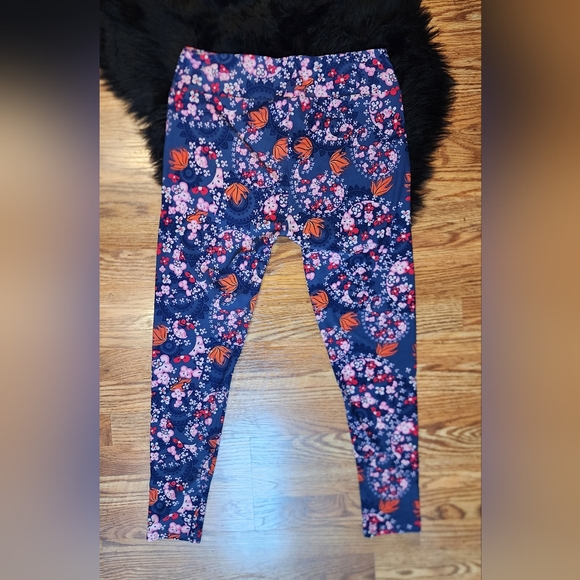 Lularoe Navy Blue, Pink, Orange & White Floral Tall & Curvy Leggings - Picture 3 of 5